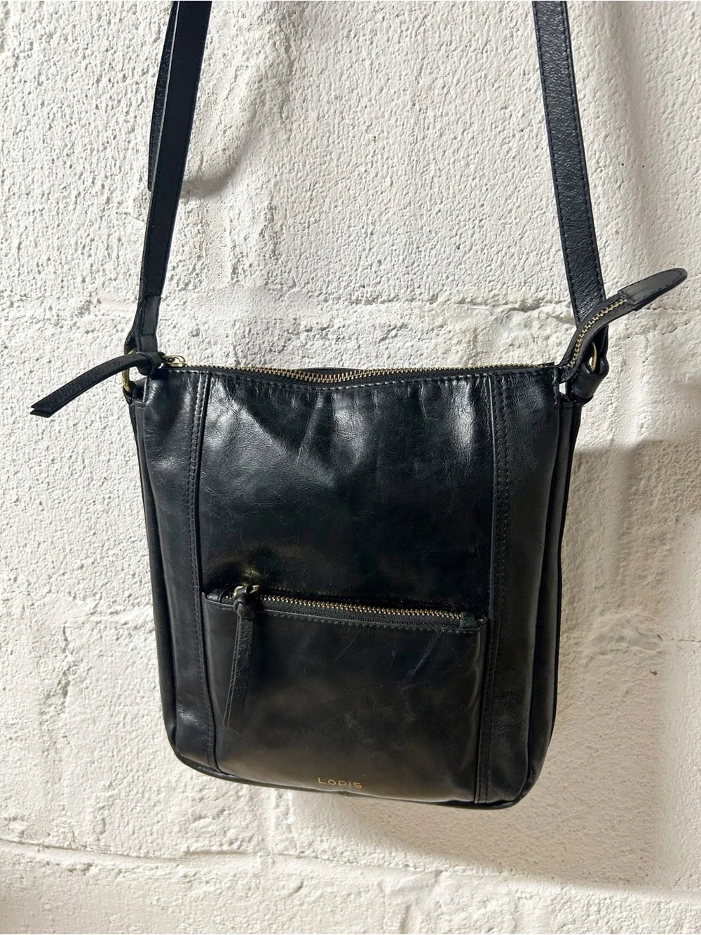 Vintage Lodis Black Smooth Genuine Leather Crossbody Bag